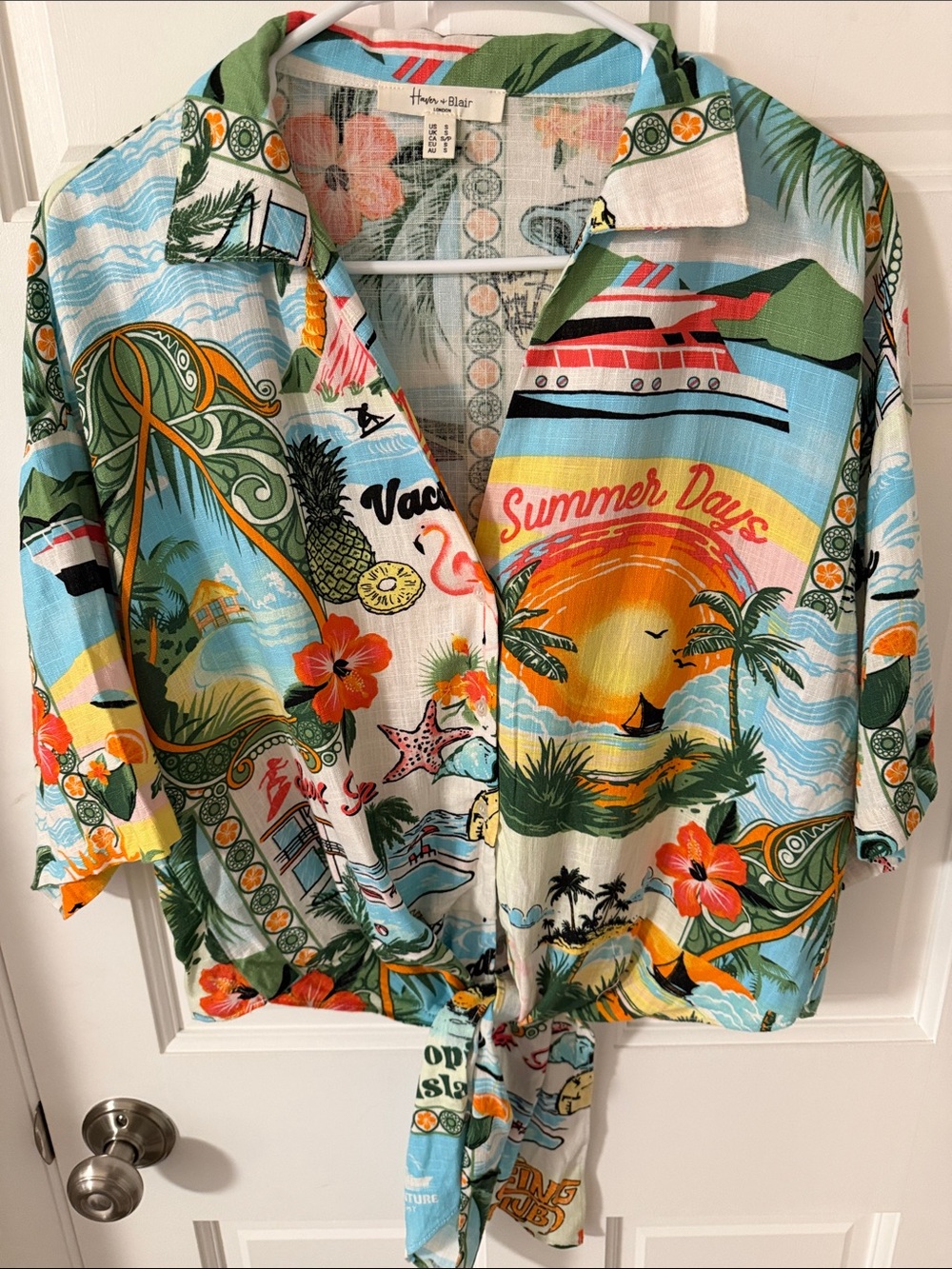 Haver & Blair Tropical Linen Blend Tie Front Summer Days Crop Blouse Resort S